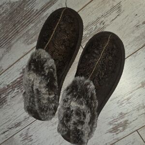 Very G Dark Brown Floral Slippers with Fur
